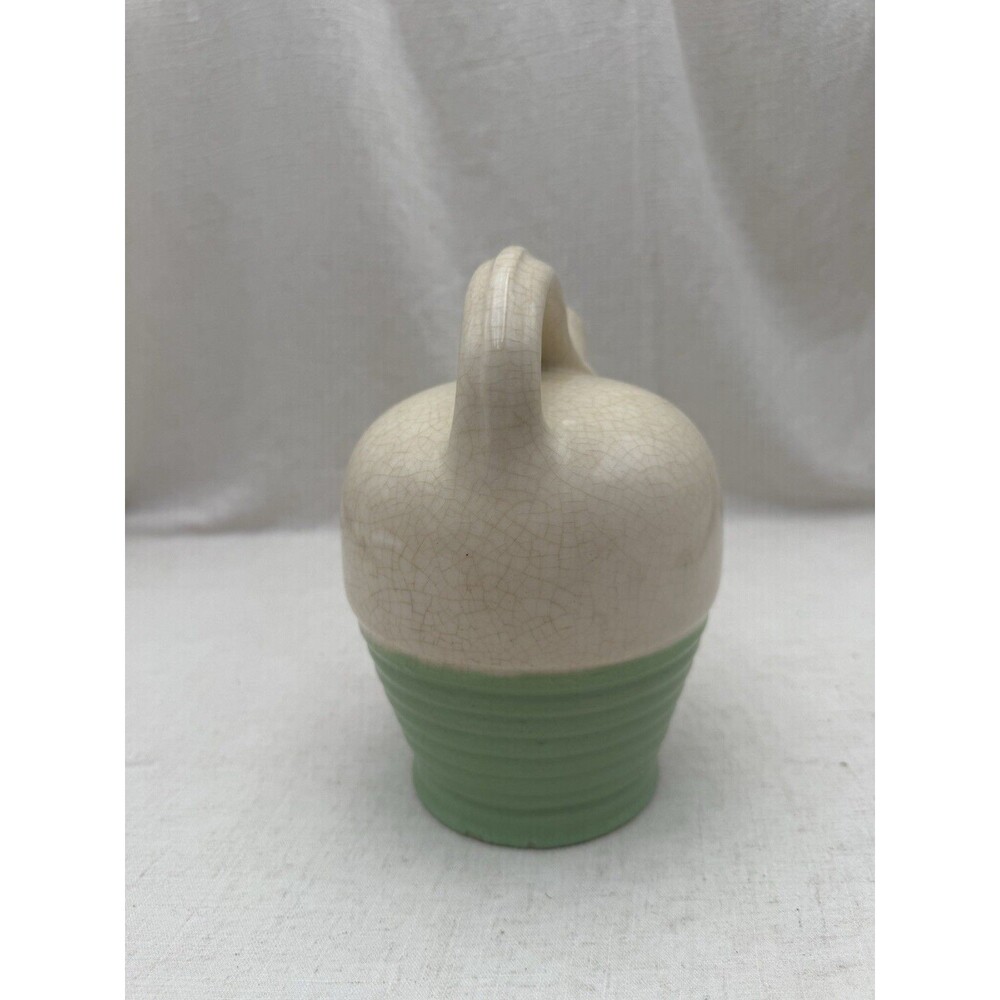 Vintage Mid Century Modern Pottery Pitcher Ewer Ivory Green Crackle Glaze Califo